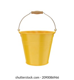 Yellow iron bucket with raised handle on a white background, 3d render