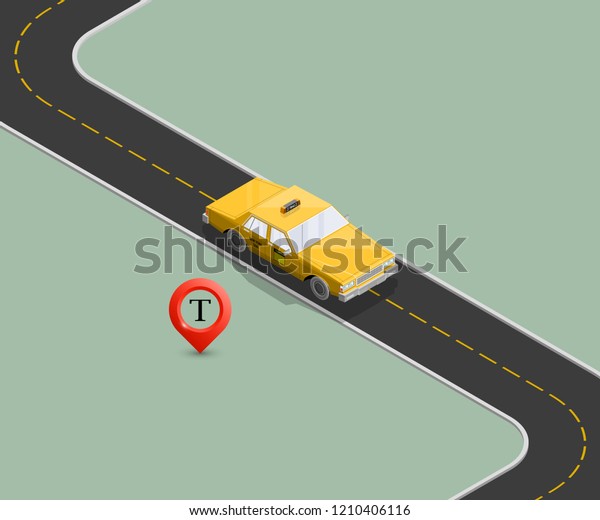Yellow isometric taxi cab banner. Online\
navigation application order taxi service. Isometry car isometric\
route banner. 3D taxi classic vehicle itinerary road. Get a taxi\
online phone\
application