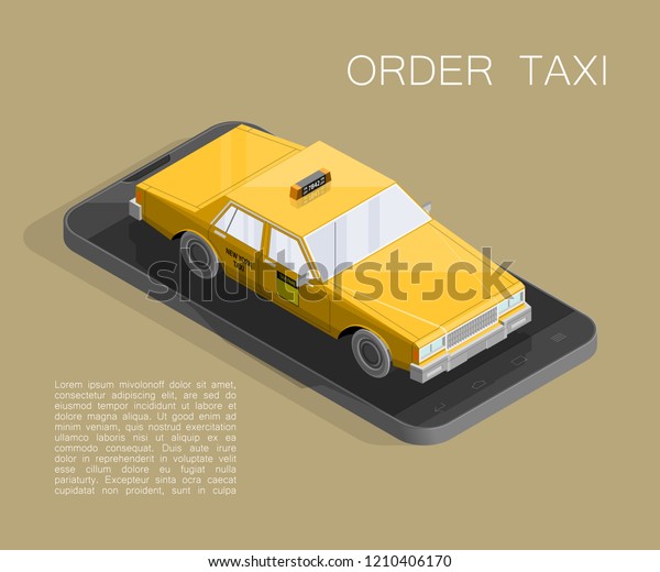 Yellow isometric taxi cab banner. Online\
mobile application order taxi service illustration. Flat car\
isometric quality banner. 3D taxi vehicle smartphone. Get a taxi\
online phone isometry\
application