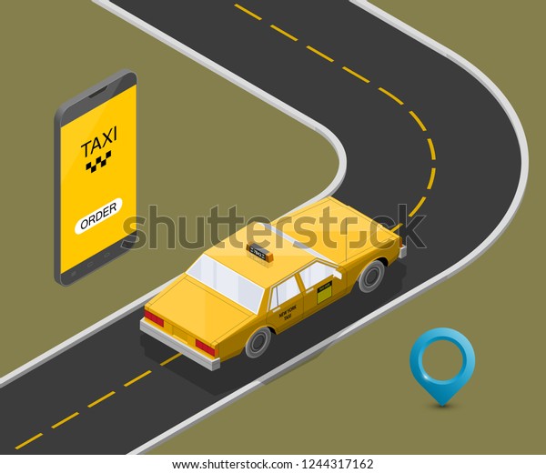 Yellow isometric taxi cab banner. Online\
mobile application order taxi service illustration. Flat car\
isometric quality banner. 3D taxi vehicle smartphone. Get a taxi\
online phone isometry\
application