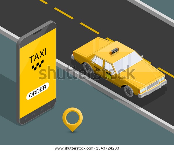 Yellow isometric taxi cab banner. Online
mobile application order taxi service illustration. Flat car
isometric quality banner. 3D taxi vehicle smartphone. Get a taxi
online phone isometry
application