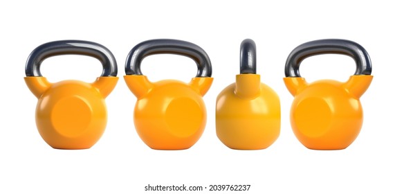 Yellow Kettlebells Isolated On White Background. Fitness, Sport Training And Lifting Concept. Gym Equipment. Workout Tools. View From All Sides. 3d Rendering Illustration