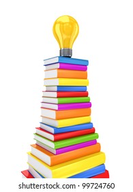 Yellow lamp on a big stack of colorful books.Isolated on white background.3d rendered.