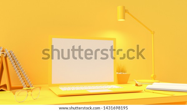 Download Yellow Laptop Mockup On Work Desk Stock Illustration 1431698195 PSD Mockup Templates