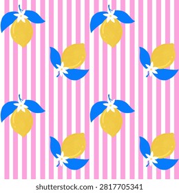 Yellow lemon fruit seamless pattern with flowers and pink stripes, seamless