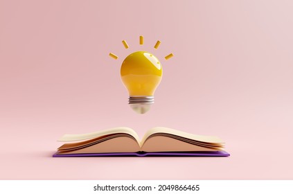 yellow light bulb with open book isolated on pink background. idea tip education, knowledge creates ideas concept, minimal abstract, 3d illustration or 3d render