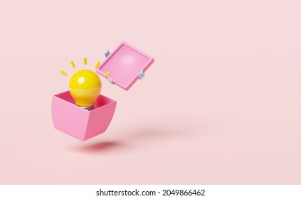 yellow light bulb in pink gift box isolated on pink background. business idea tip concept, minimal abstract, 3d illustration or 3d render