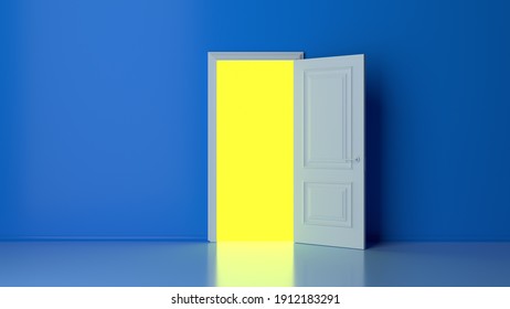 Yellow light inside the open door isolated on blue background. Room interior design element. Modern minimal concept. Opportunity metaphor. 3D render