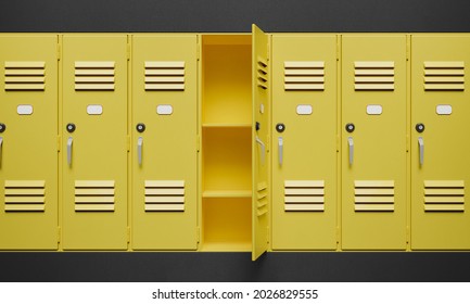 Yellow Lockers On Dark Wall With One Of Them Open. Concept Of School, Gym, Security And Storage. 3d Rendering