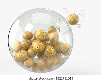 yellow lottery ball breaks glass. 3D illustration. suitable for lottery, bingo and luck themes.