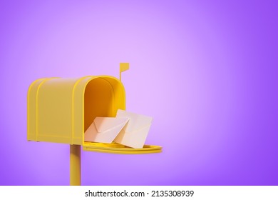 Yellow Mail Box On Purple Background, Two Mail Envelopes Received. Concept Of Letters And Message. Mockup Copy Space. 3D Rendering