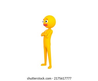 Yellow Man Character Smiling With Arms Crossed Look To The Side In 3d Rendering.