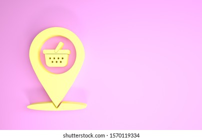 Yellow Map pointer with shopping basket icon isolated on pink background. Pin point shop and shopping. Supermarket basket symbol. Minimalism concept. 3d illustration 3D render