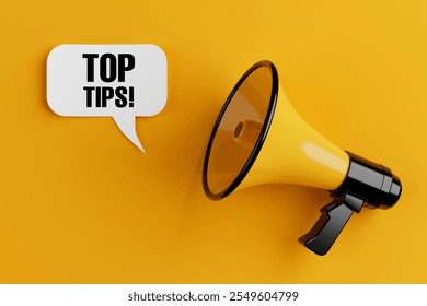 Yellow Megaphone with Top Tips Sign Speech Clouds Chat Bubble on a yellow background. 3d Rendering