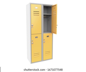 Yellow Metal Locker With Open Door. Two Level Compartment. 3d Rendering Illustration Isolated On White Background