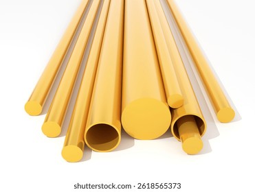 Yellow metal tubes and solid bars isolated on white background. Industrial material for construction, engineering, manufacturing, fabrication, and design projects. 3D render. 