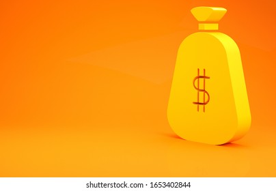 Yellow Money Bag Icon Isolated On Orange Background. Dollar Or USD Symbol. Cash Banking Currency Sign. Minimalism Concept. 3d Illustration 3D Render