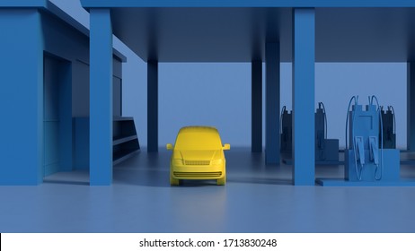 Yellow Monochromatic Car On The Blue Gas Station. Minimalist Composition. 3d Render.