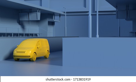 Yellow Monochromatic Car On The Blue Warehouse. Minimalist Composition. 3d Render.