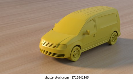 Yellow Monochromatic Postal Service Car On The Wooden Background. 3d Render.