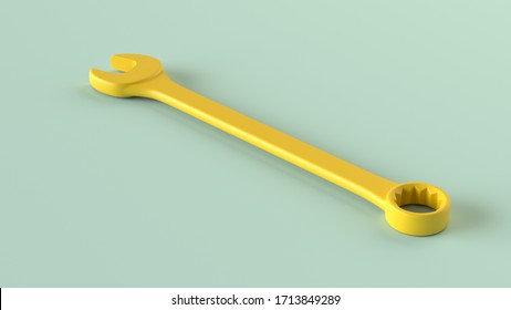 Yellow Monochromatic Spanner On The Green Background. 3d Render.