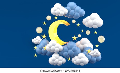 Yellow Moon Clouds Stars On Blue Stock Illustration 1079351828 ...