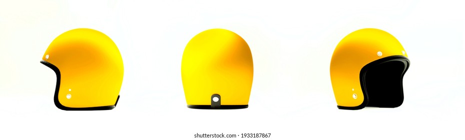 Yellow motorcycle helmet on a white background, front, back, side,3D rendering.