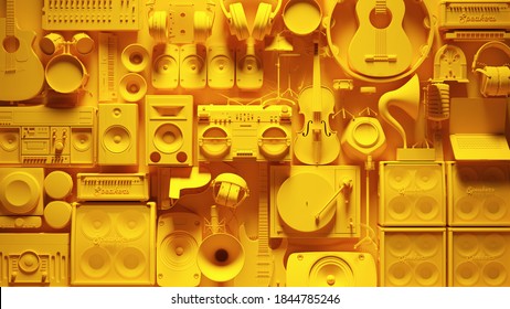 Yellow Musical Instrument Collage  Wall 3d Illustration