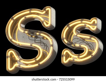 Yellow Neon Sign Chrome Font. 3d Rendering.