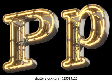 Yellow Neon Sign chrome Font. 3d rendering.