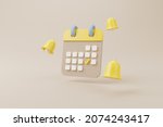 Yellow notification bell ringing and calendar deadline on brown background. 3d rendering illustration