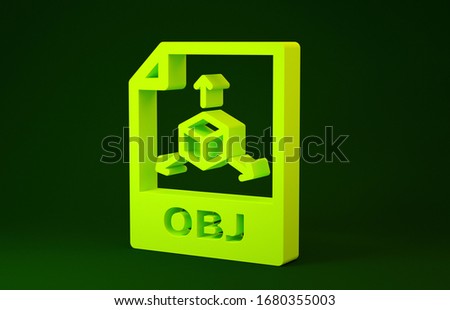 Yellow OBJ file document. Download obj button icon isolated on green background. OBJ file symbol. Minimalism concept. 3d illustration 3D render