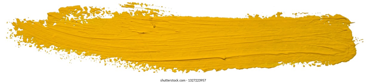 Yellow Oil Brush Stroke. Abstract Varnish Splash Trace Shape. Glossy Oil Paint Smear Long Line On White Background.