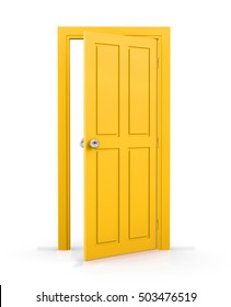 yellow open door on white background 3d rendering
