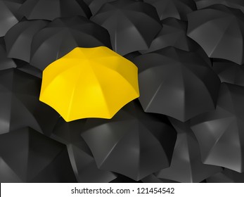 Yellow Open Umbrella Standing Out From The Crowd, Over Many Dark Ones, Group Of Black Umbrellas.