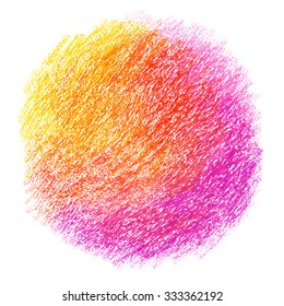 Yellow, orange, red and pink pastel crayon round spot, isolated on white background.