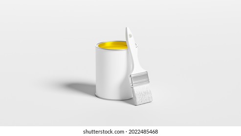 Yellow Paint Can Bucket Color Container Art And Painting Brush Tool For Renovation Home Design Isolated On White Background With Vivid Creative Colorful Concept Ink. 3D Rendering.