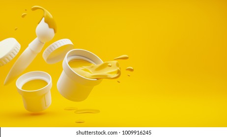 Yellow paint with splashes pouring out of white bucket and brush with falling drops. Raster, 3d rendered illustration.