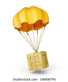 Yellow Parachute With Wooden Box On A White