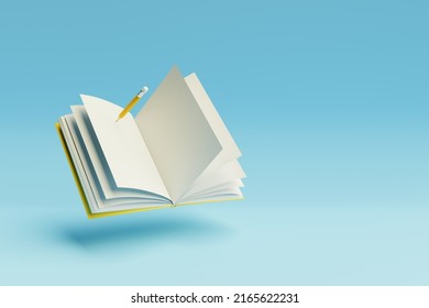 Yellow Pencil Writing In Open Book On Blue Background. 3d Render