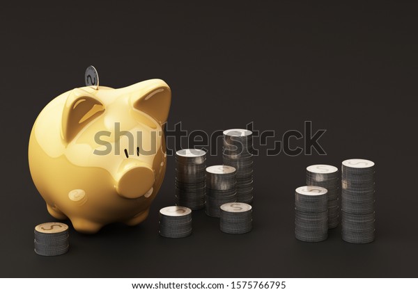 Yellow Picky bank and coin, for\
invest money, Ideas for saving money for future use. 3d\
rendering