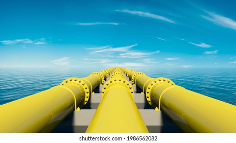 Gelbe Pipelines am Meer unter blauem Himmel (3D-Rendering)