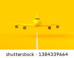 Yellow plane flying on the runway. selective focus and yellow background. minimal idea concept, 3D Render.