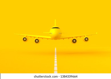 Yellow Plane Flying On The Runway. Selective Focus And Yellow Background. Minimal Idea Concept, 3D Render.