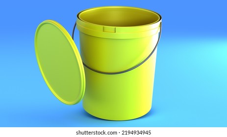 Yellow Plastic Empty Paint Bucket Opened On Blue Background. 3D Render.