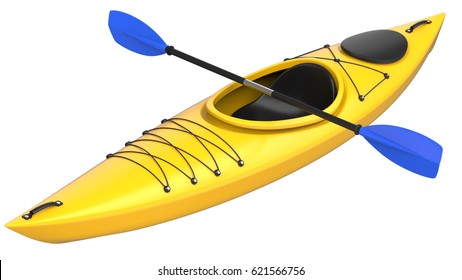 Yellow plastic kayak with blue paddle. 3D render, isolated on white background.