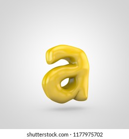 Yellow plasticine letter A lowercase. 3D render glossy plasticine font isolated on white background.