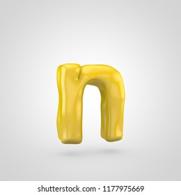 Yellow plasticine letter N lowercase. 3D render glossy plasticine font isolated on white background.