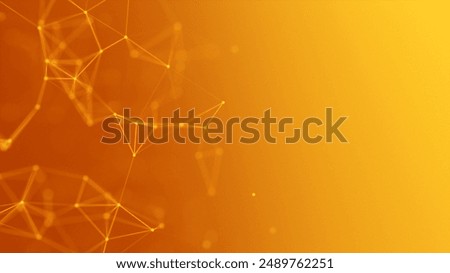 yellow plexus effect. Abstract orange connection of dots and lines on a yellow gradient. Golden burning particles and polygons slowly fly, futuristic interweaving of digital data. Neural