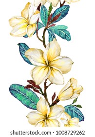 Yellow Plumeria Flower On A Twig. Border Illustration. Seamless Floral Pattern. Isolated On White Background.  Watercolor Painting. Hand Drawn. 